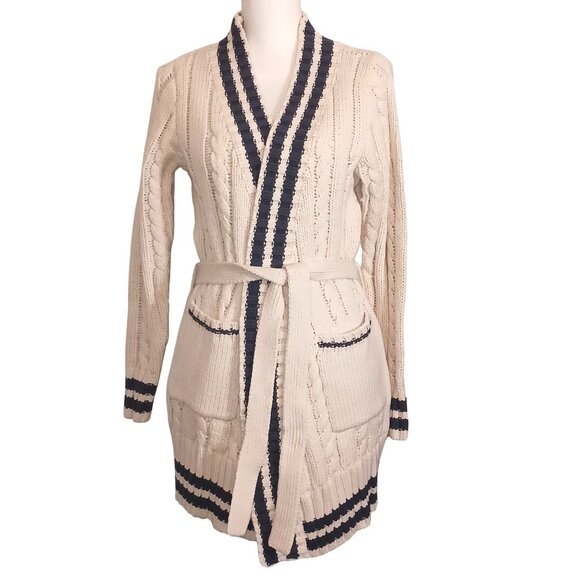 NEW Chaser Cable Knit Belted Cardigan In Cake/Cream & Blue Jay Stripe M Preppy - Picture 1 of 11